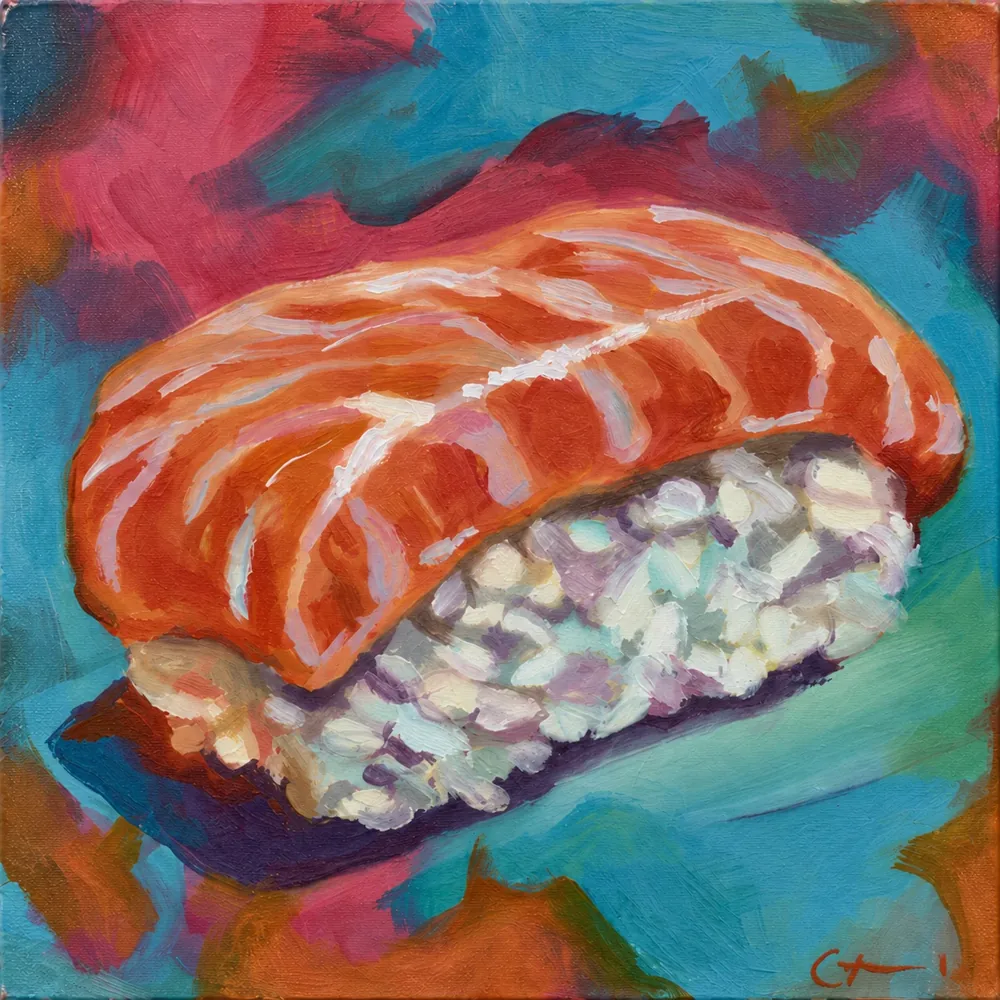 Fresh Sushi by Chelsea Klukas, oil on wood panel, 6 × 6 in