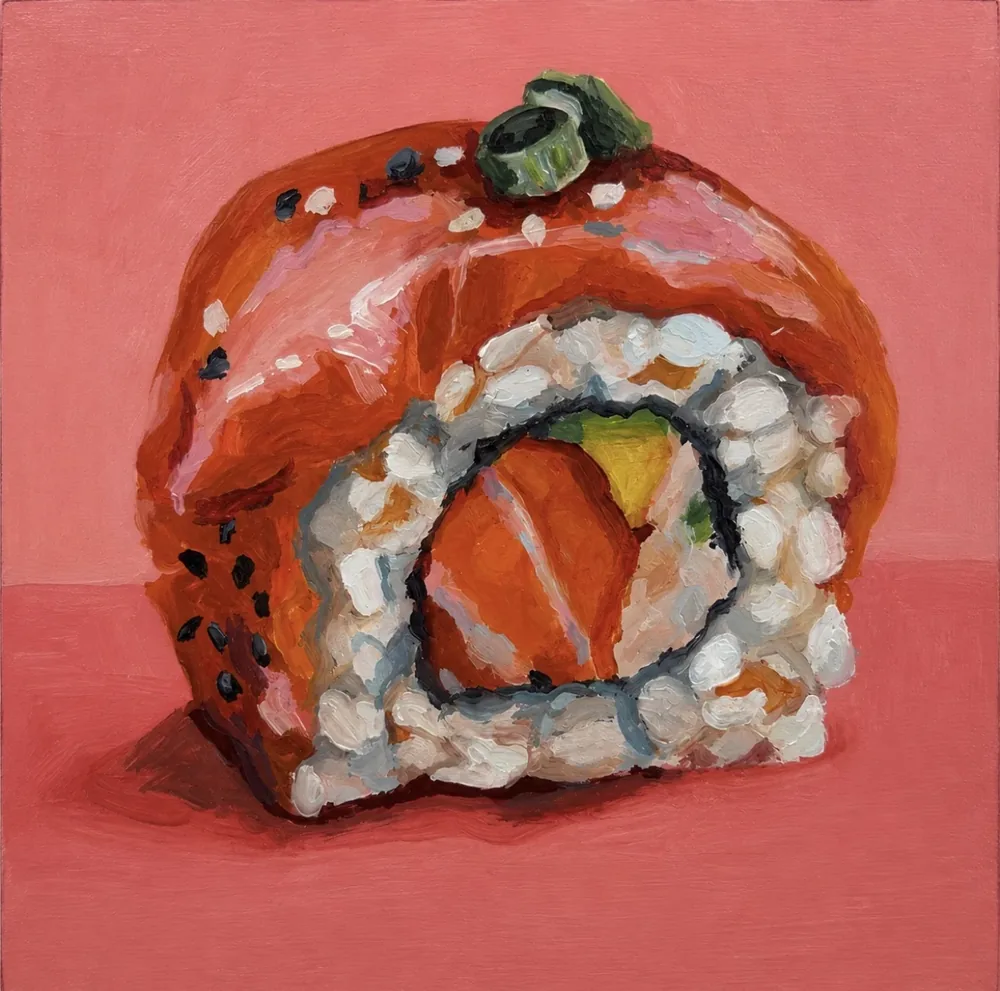 Single Serving Salmon by Chelsea Klukas, oil on wood panel, 6 × 6 in