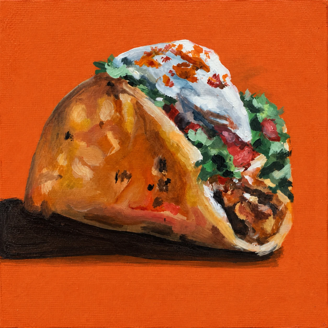 Spicy Roadtrip Taco by Chelsea Klukas, oil on wood panel, 6 × 6 in