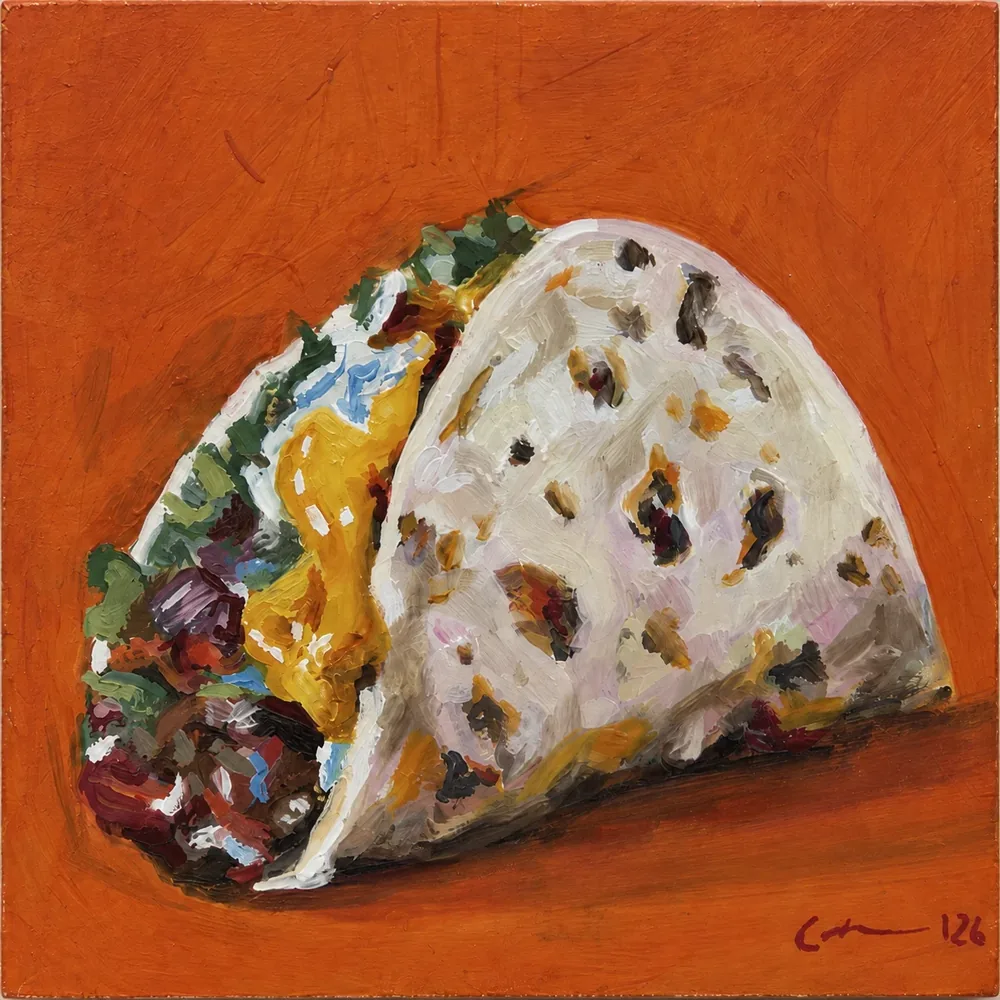 Taco Belfair by Chelsea Klukas, oil on wood panel, 6 × 6 in